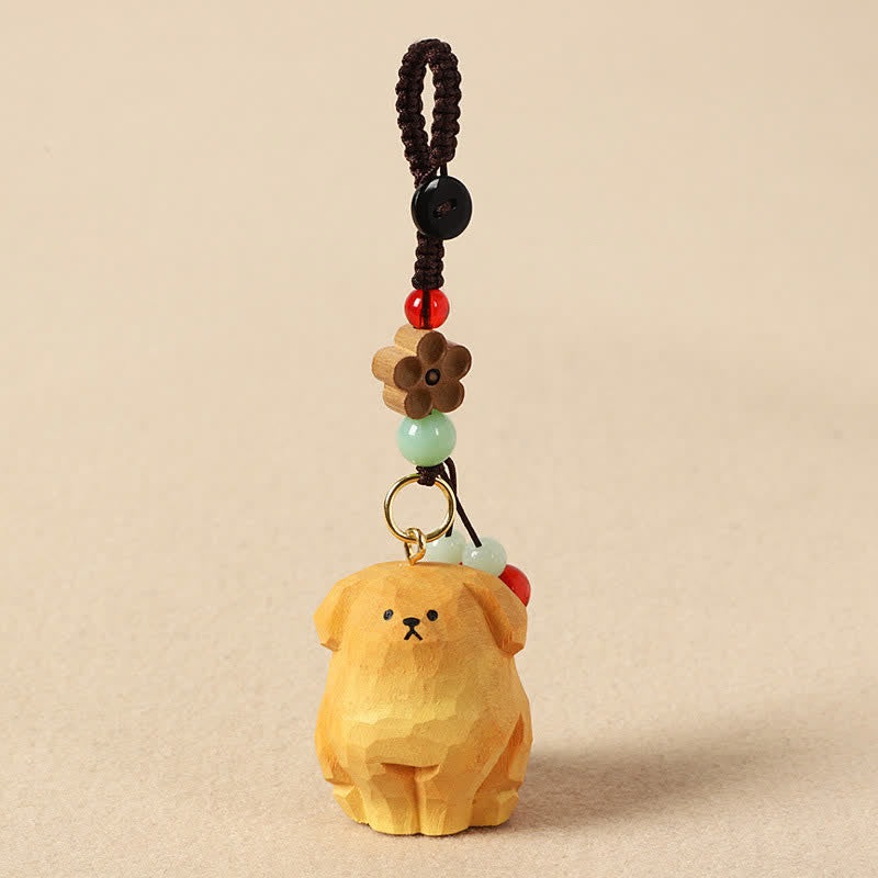 Buddha Stones Schlüsselanhänger mit geschnitztem Hund aus Holz – Om Mani Padme Hum Kreativitäts-Motive - Gelber Hund - image 0