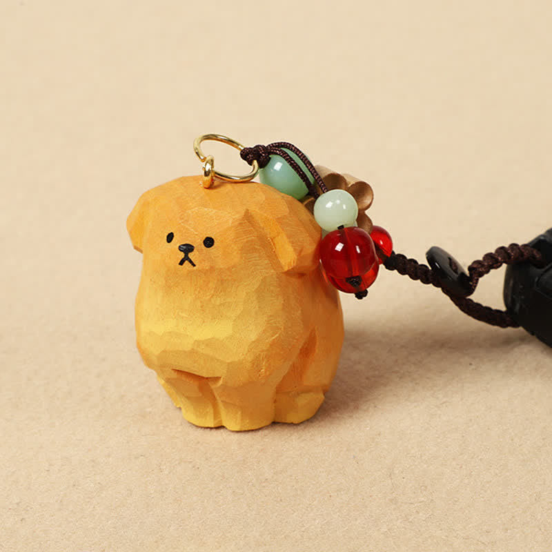 Buddha Stones Schlüsselanhänger mit geschnitztem Hund aus Holz – Om Mani Padme Hum Kreativitäts-Motive - image 1