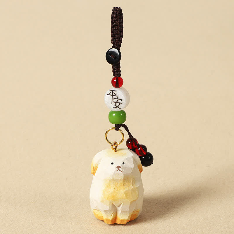 Buddha Stones Schlüsselanhänger mit geschnitztem Hund aus Holz – Om Mani Padme Hum Kreativitäts-Motive - Sicherer weißer Hund - image 7