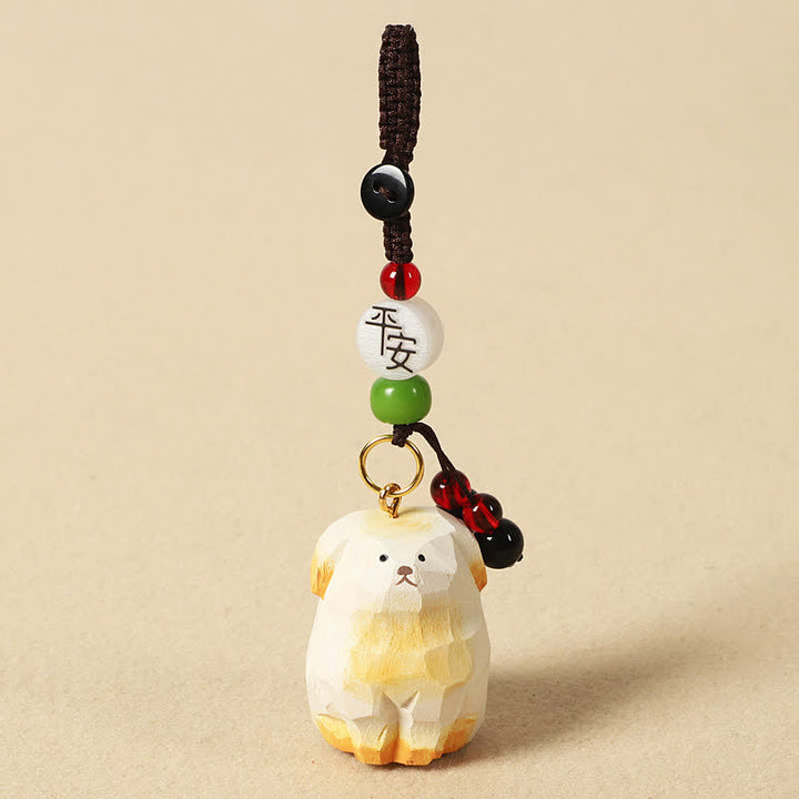 Buddha Stones Schlüsselanhänger mit geschnitztem Hund aus Holz – Om Mani Padme Hum Kreativitäts-Motive - Sicherer weißer Hund - image 7