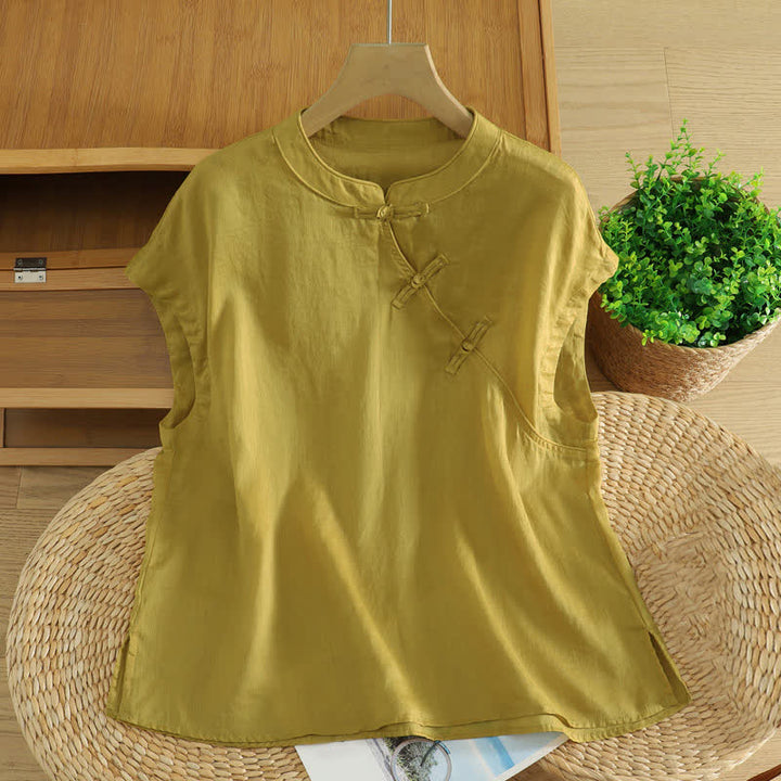 Buddha Stones Sommerliches Tanktop im Tang-Stil mit Froschknopfleiste, ärmellos, für Damen - Dunkelkhaki - US12, UK/AU16, EU44 (2XL) - image 0