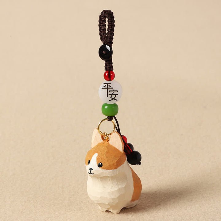 Buddha Stones Schlüsselanhänger mit geschnitztem Corgi-Motiv und dem Aufdruck „Om Mani Padme Hum Peace“ - Sicherer Corgi - image 2