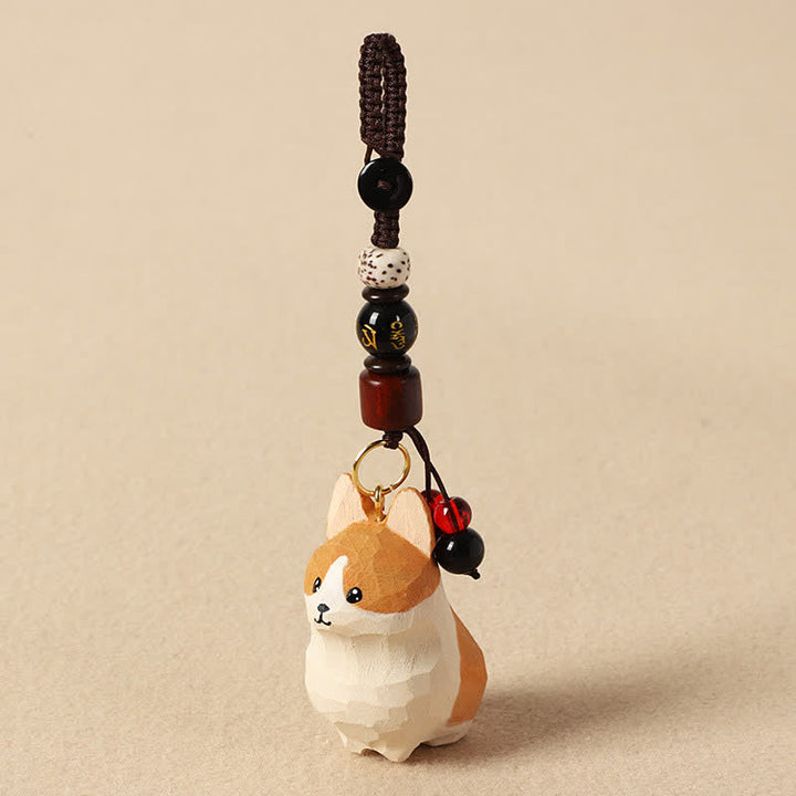 Buddha Stones Schlüsselanhänger mit geschnitztem Corgi-Motiv und dem Aufdruck „Om Mani Padme Hum Peace“ - Om Mani Padme Hum Corgi - image 3