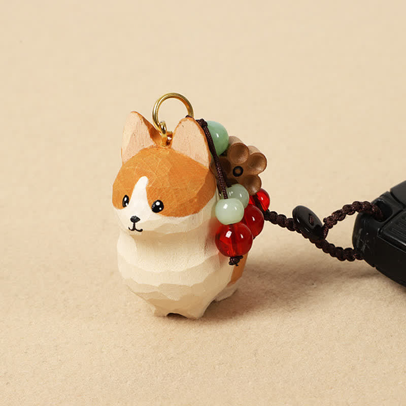 Buddha Stones Schlüsselanhänger mit geschnitztem Corgi-Motiv und dem Aufdruck „Om Mani Padme Hum Peace“ - Corgi - image 0