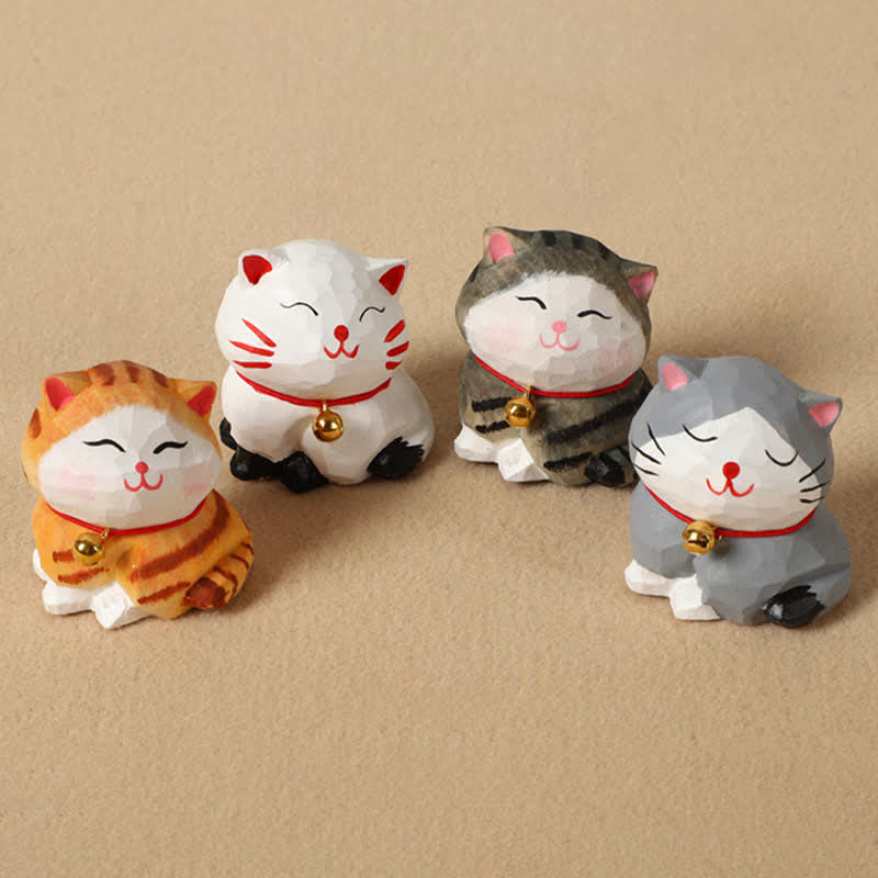 Buddha Stones Handgeschnitzter Schlüsselanhänger aus Naturholz mit balancierender Katze – niedliche Tierdekoration - image 0