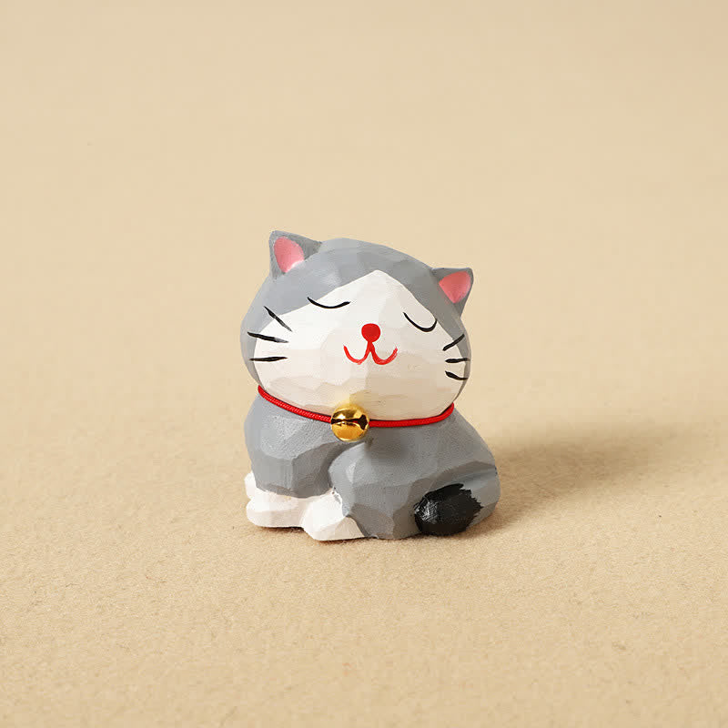 Buddha Stones Handgeschnitzter Schlüsselanhänger aus Naturholz mit balancierender Katze – niedliche Tierdekoration - Grau - image 4