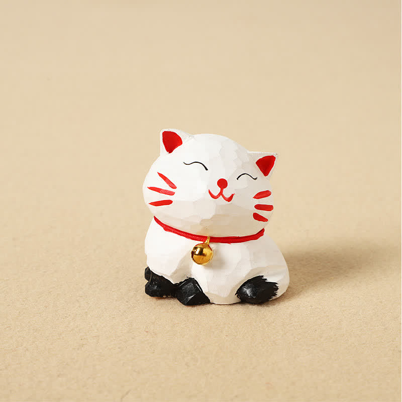Buddha Stones Handgeschnitzter Schlüsselanhänger aus Naturholz mit balancierender Katze – niedliche Tierdekoration - Weiß - image 2