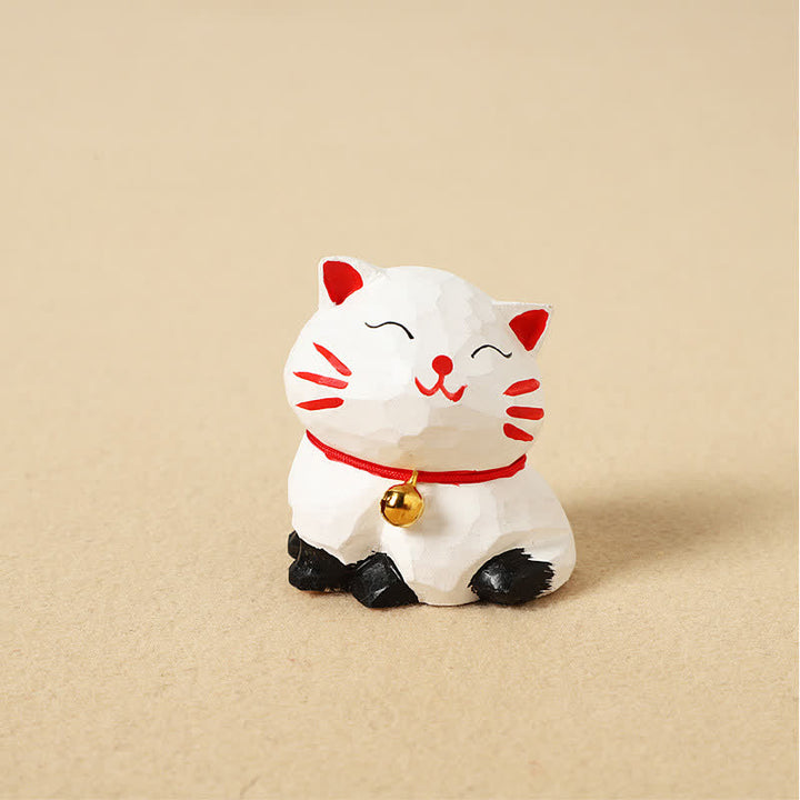 Buddha Stones Handgeschnitzter Schlüsselanhänger aus Naturholz mit balancierender Katze – niedliche Tierdekoration - Weiß - image 2