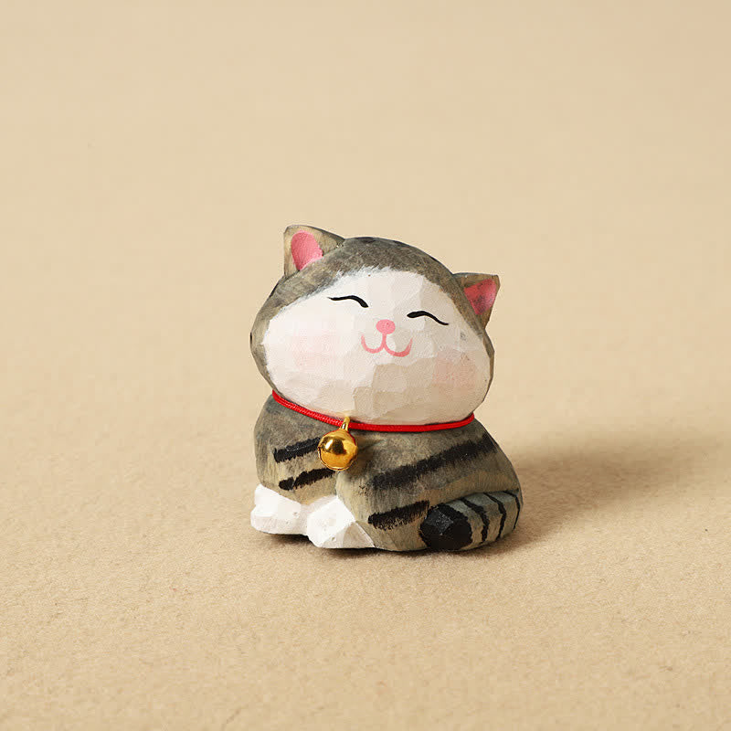 Buddha Stones Handgeschnitzter Schlüsselanhänger aus Naturholz mit balancierender Katze – niedliche Tierdekoration - Gestreift - image 3