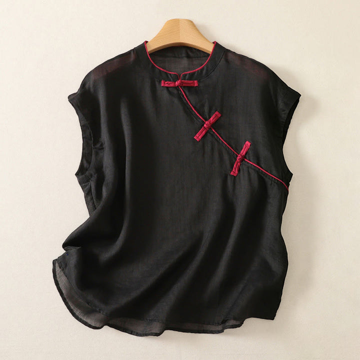 Buddha Stones Sommerliches Tanktop im Tang-Stil mit Froschknopfleiste, ärmellos, für Damen - Schwarz - US12, UK/AU16, EU44 (2XL) - image 0