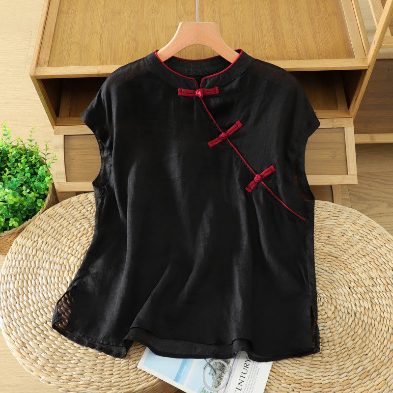Buddha Stones Sommerliches Tanktop im Tang-Stil mit Froschknopfleiste, ärmellos, für Damen - image 1