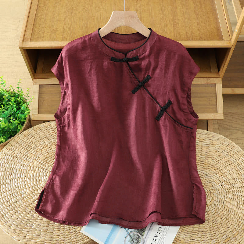 Buddha Stones Sommerliches Tanktop im Tang-Stil mit Froschknopfleiste, ärmellos, für Damen - image 8