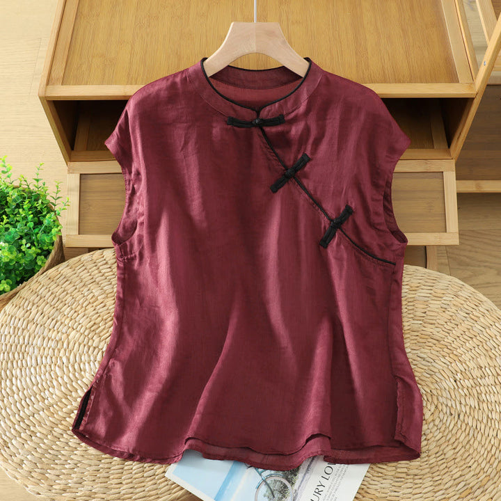 Buddha Stones Sommerliches Tanktop im Tang-Stil mit Froschknopfleiste, ärmellos, für Damen - image 8