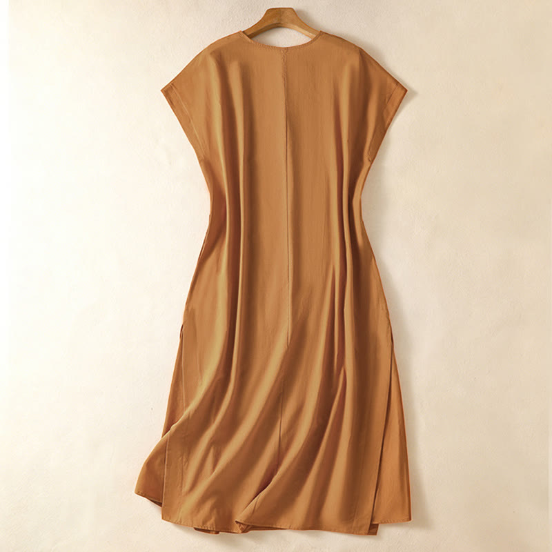 Buddha Stones Elegantes, minimalistisches, einfarbiges, ärmelloses Sommerkleid für Damen mit Tasche - image 11