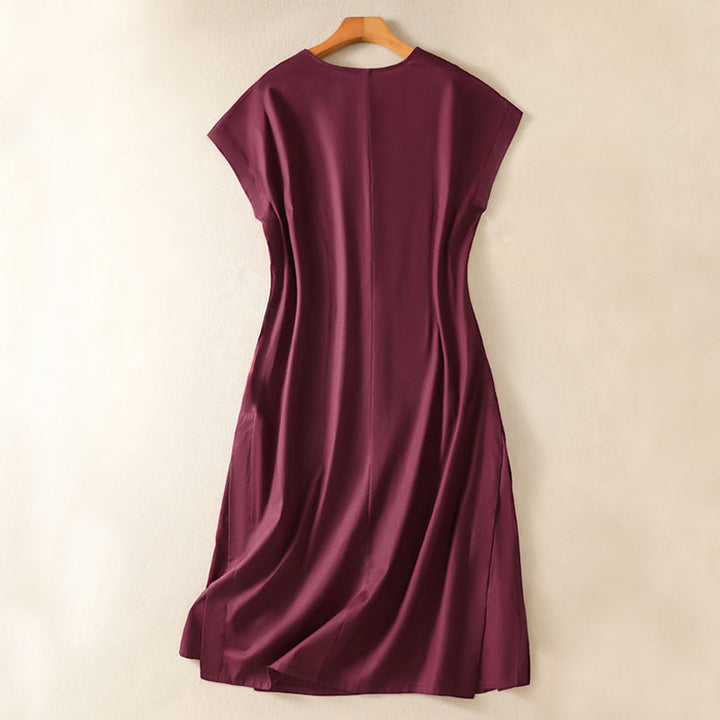Buddha Stones Elegantes, minimalistisches, einfarbiges, ärmelloses Sommerkleid für Damen mit Tasche - image 4