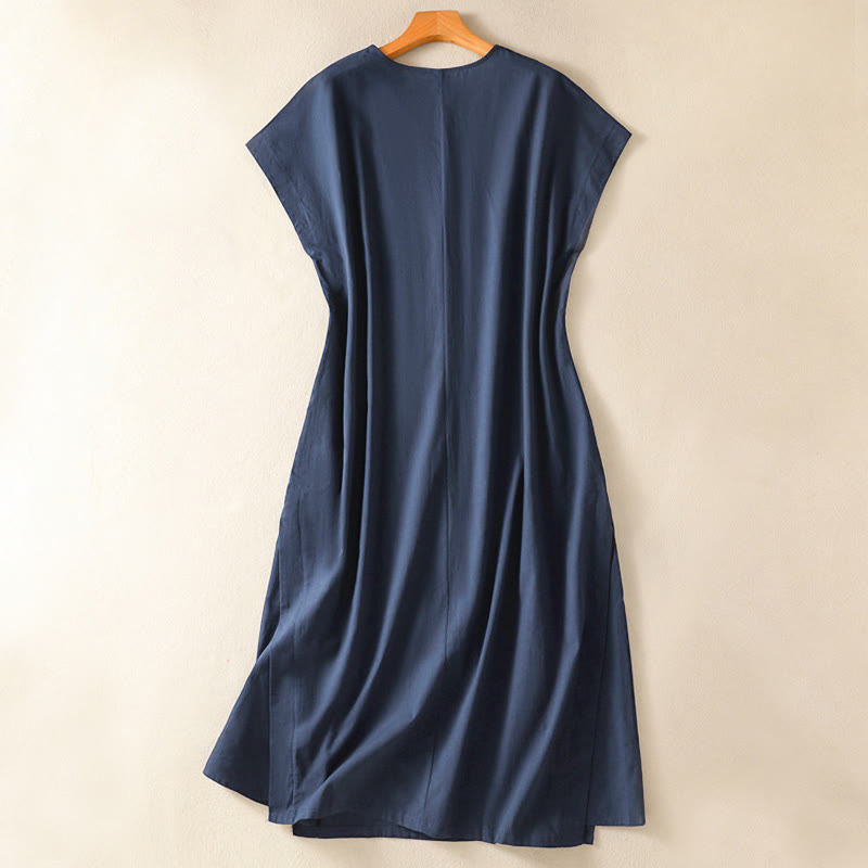 Buddha Stones Elegantes, minimalistisches, einfarbiges, ärmelloses Sommerkleid für Damen mit Tasche - image 1