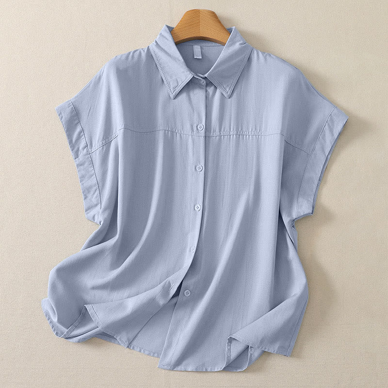 Buddha Stones Lässiges, minimalistisches Sommerhemd mit Knopfleiste und kurzen Ärmeln für Damen, einfarbig, mit Knopfleiste - Hellstahlblau - US8-10, UK/AU12-14, EU40-42 (2XL) - image 0