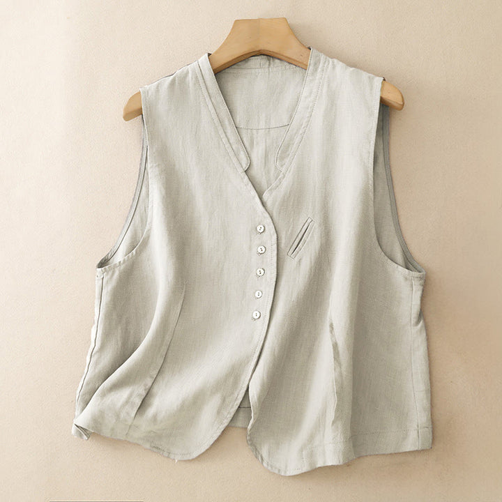 Buddha Stones Lässiges, minimalistisches Tanktop mit V-Ausschnitt und Knopfleiste für Damen – ärmellos - Leinen - US12, UK/AU16, EU44 (2XL) - image 0