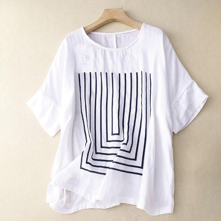 Lässiges Damen-T-Shirt aus Baumwolle und Leinen mit Buddha Stones und Liniendruckmuster - Weiß - US12, UK/AU16, EU44 (2XL) - image 11