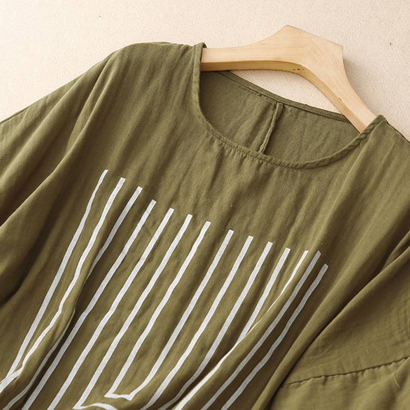 Lässiges Damen-T-Shirt aus Baumwolle und Leinen mit Buddha Stones und Liniendruckmuster - image 2