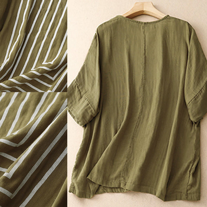 Lässiges Damen-T-Shirt aus Baumwolle und Leinen mit Buddha Stones und Liniendruckmuster - image 1