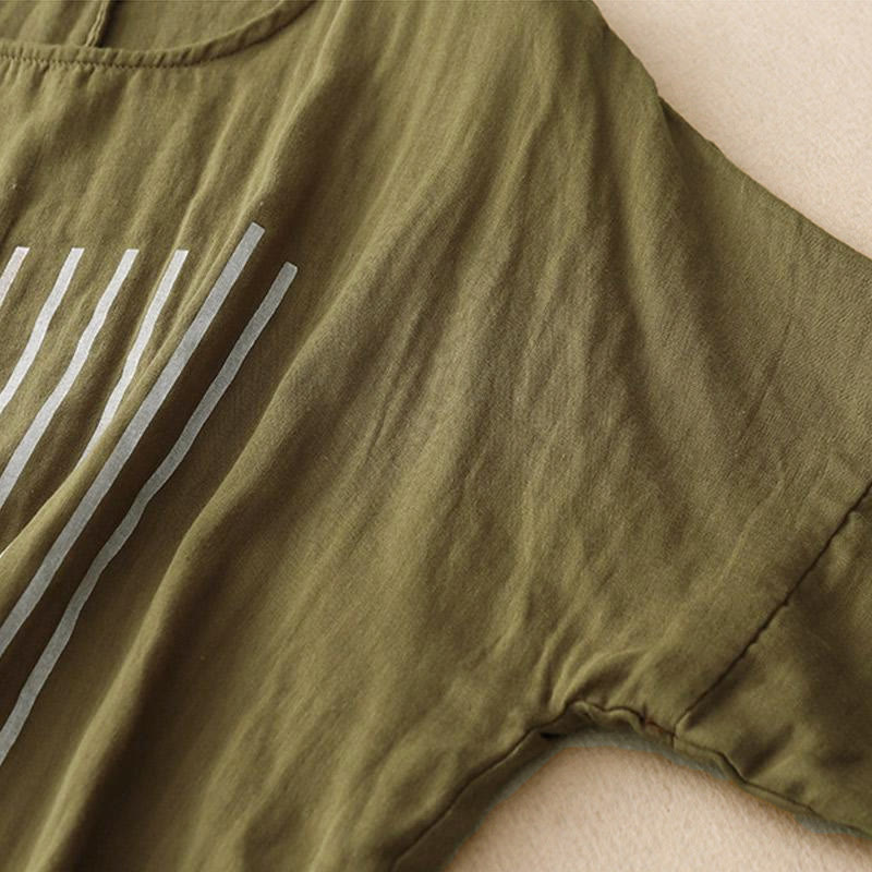 Lässiges Damen-T-Shirt aus Baumwolle und Leinen mit Buddha Stones und Liniendruckmuster - image 4