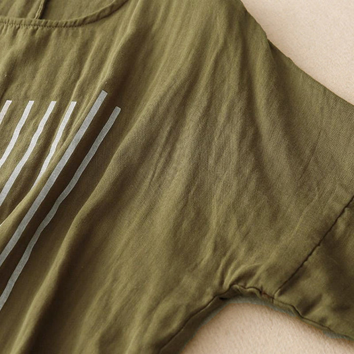 Lässiges Damen-T-Shirt aus Baumwolle und Leinen mit Buddha Stones und Liniendruckmuster - image 4