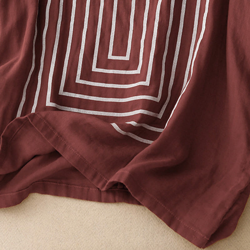 Lässiges Damen-T-Shirt aus Baumwolle und Leinen mit Buddha Stones und Liniendruckmuster - image 9