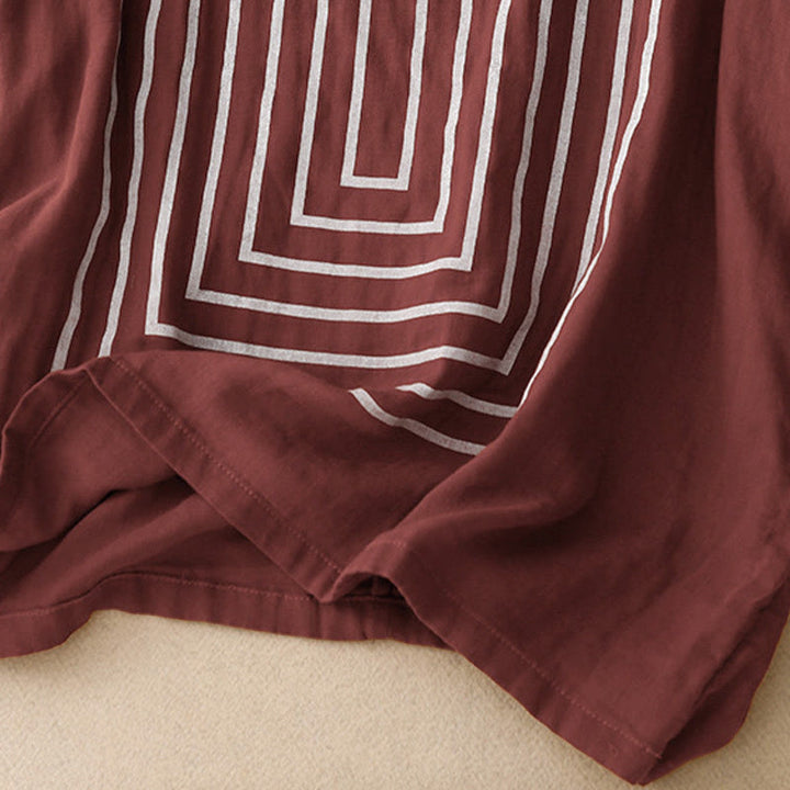Lässiges Damen-T-Shirt aus Baumwolle und Leinen mit Buddha Stones und Liniendruckmuster - image 9