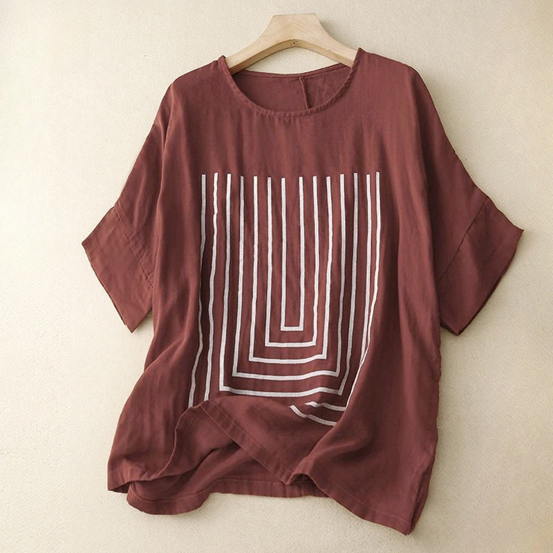Lässiges Damen-T-Shirt aus Baumwolle und Leinen mit Buddha Stones und Liniendruckmuster - Kastanienbraun - US12, UK/AU16, EU44 (2XL) - image 7