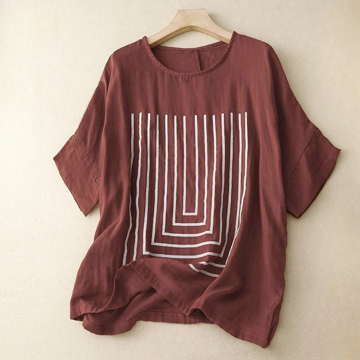 Lässiges Damen-T-Shirt aus Baumwolle und Leinen mit Buddha Stones und Liniendruckmuster - Kastanienbraun - US12, UK/AU16, EU44 (2XL) - image 7
