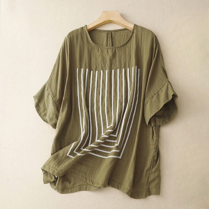 Lässiges Damen-T-Shirt aus Baumwolle und Leinen mit Buddha Stones und Liniendruckmuster - Olive - US12, UK/AU16, EU44 (2XL) - image 0