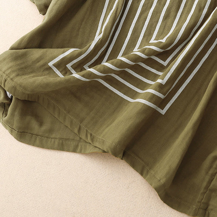 Lässiges Damen-T-Shirt aus Baumwolle und Leinen mit Buddha Stones und Liniendruckmuster - image 3