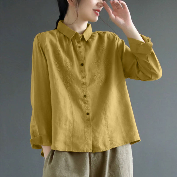 Buddha Stones ​​Frühlingsstickerei Langarm Buntes Knopfetikett Damenhemd - Dunkelgoldenrod - US12, UK/AU16, EU44 (2XL) - image 0
