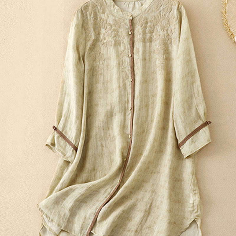 Buddha Stones Sommer-Freizeitkleid mit Stehkragen, Stickerei und Dreiviertelärmeln - image 13