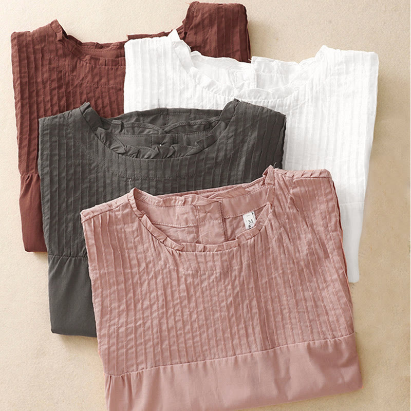Buddha Stones Sommer-T-Shirt für Damen, einfarbig, mit Rüschen und Falten, Kurzarm - image 18