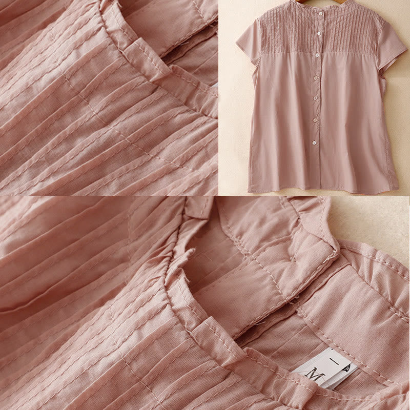 Buddha Stones Sommer-T-Shirt für Damen, einfarbig, mit Rüschen und Falten, Kurzarm - image 4