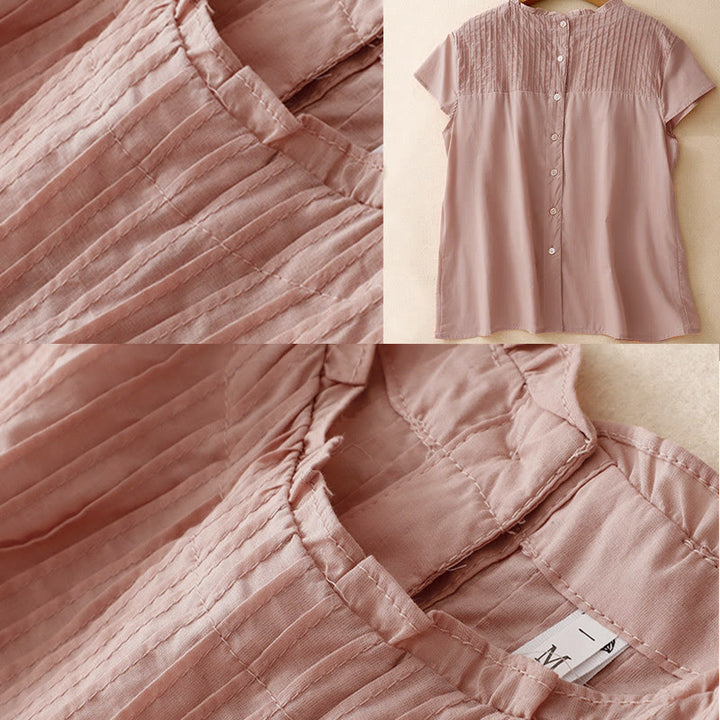 Buddha Stones Sommer-T-Shirt für Damen, einfarbig, mit Rüschen und Falten, Kurzarm - image 4