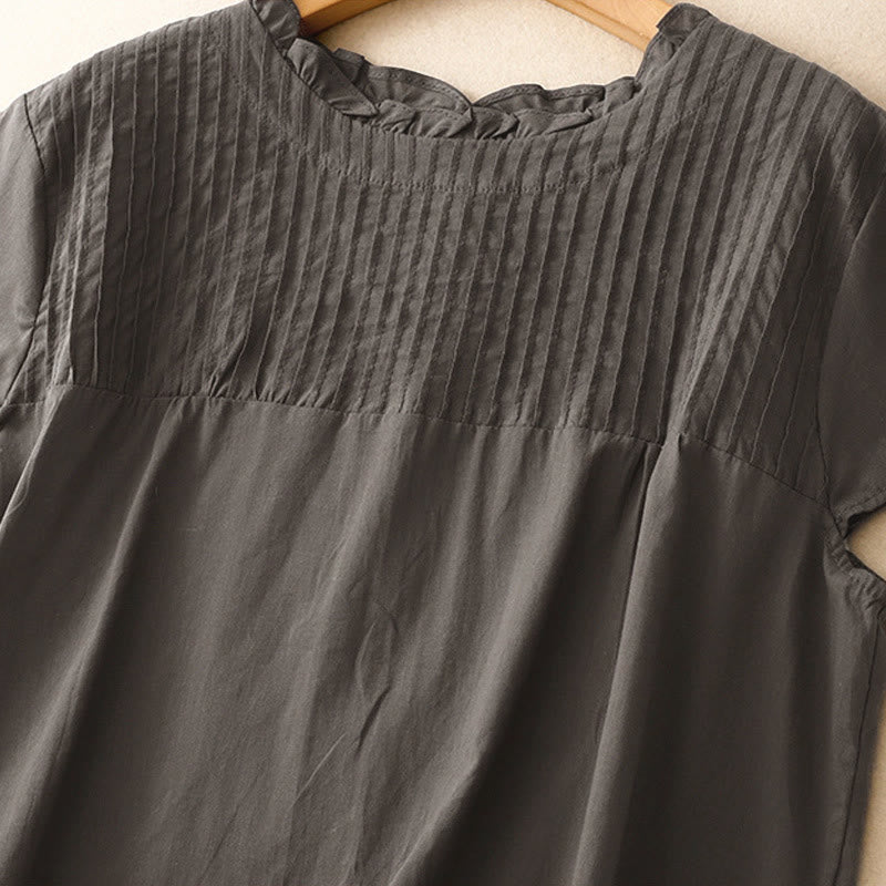 Buddha Stones Sommer-T-Shirt für Damen, einfarbig, mit Rüschen und Falten, Kurzarm - image 8