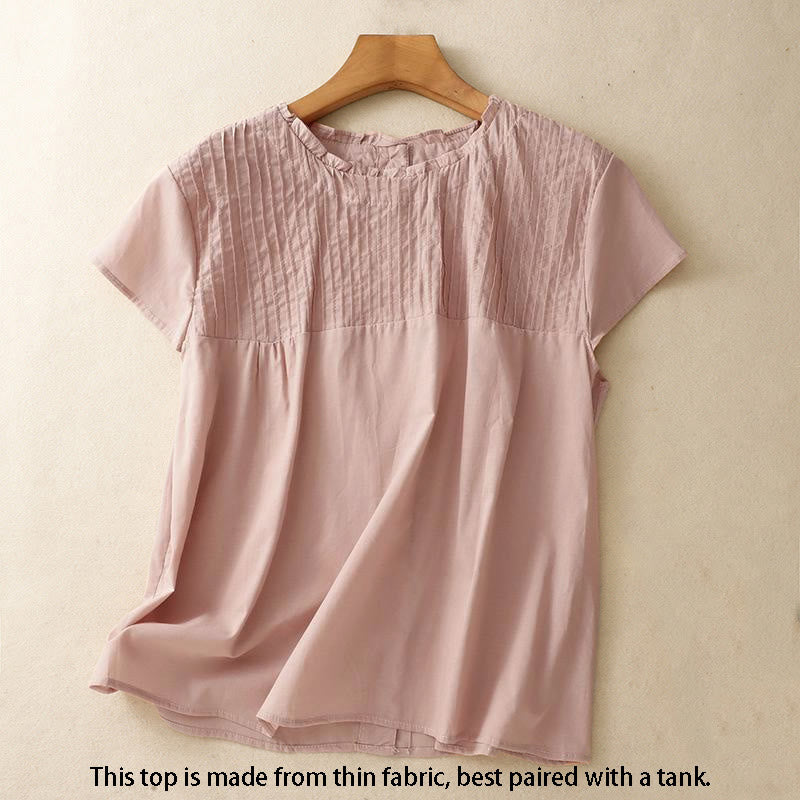 Buddha Stones Sommer-T-Shirt für Damen, einfarbig, mit Rüschen und Falten, Kurzarm - image 1