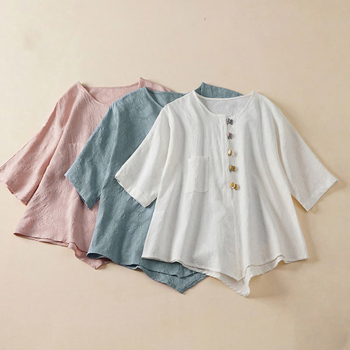 Buddha Stones Casual Flower Colorful Frog Button Half Sleeve Women's Shirt - image 16