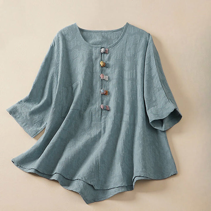 Buddha Stones Casual Flower Colorful Frog Button Half Sleeve Women's Shirt - Hellblau - US 8-10, UK/AU 12-14, EU 40-42 (2XL) - image 0