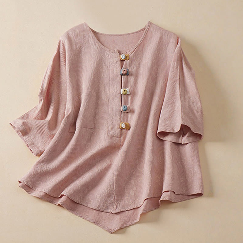 Buddha Stones Casual Flower Colorful Frog Button Half Sleeve Women's Shirt - Rosa - US 8-10, UK/AU 12-14, EU 40-42 (2XL) - image 3