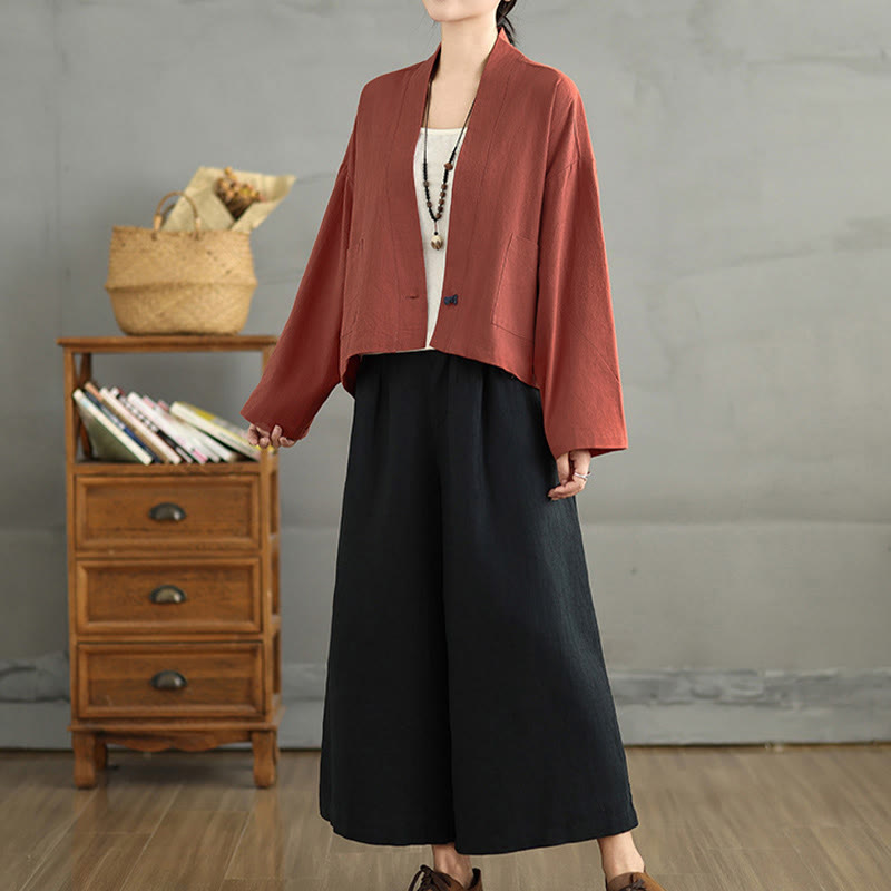 Buddha Stones Lässige Vintage-Jacke, schlicht, langärmelig, offen, mit Taschen - image 13