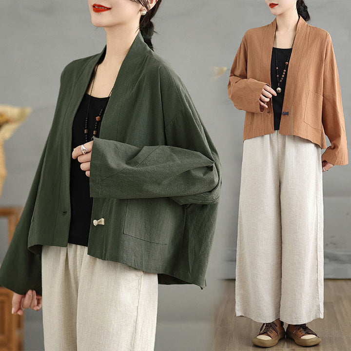 Buddha Stones Lässige Vintage-Jacke, schlicht, langärmelig, offen, mit Taschen - image 20