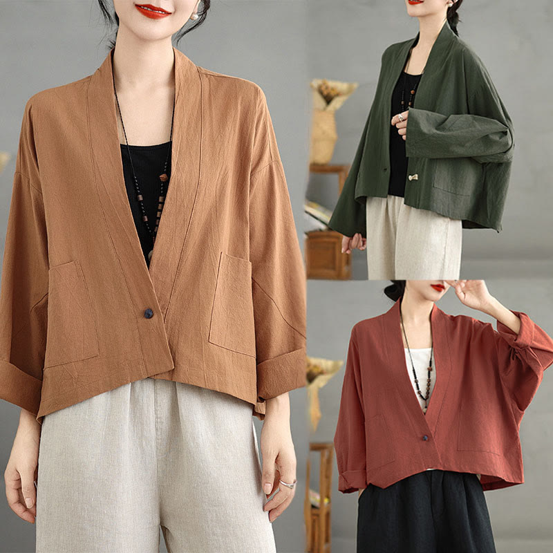 Buddha Stones Lässige Vintage-Jacke, schlicht, langärmelig, offen, mit Taschen - image 21