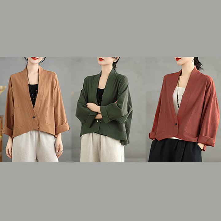 Buddha Stones Lässige Vintage-Jacke, schlicht, langärmelig, offen, mit Taschen - image 22