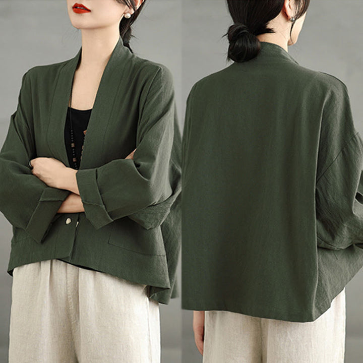 Buddha Stones Lässige Vintage-Jacke, schlicht, langärmelig, offen, mit Taschen - image 18