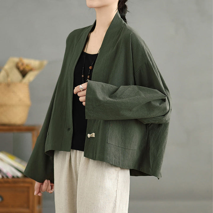 Buddha Stones Lässige Vintage-Jacke, schlicht, langärmelig, offen, mit Taschen - image 17
