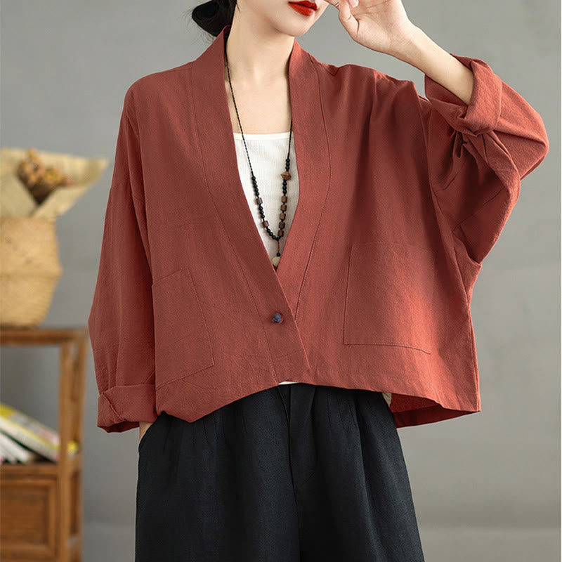 Buddha Stones Lässige Vintage-Jacke, schlicht, langärmelig, offen, mit Taschen - image 10